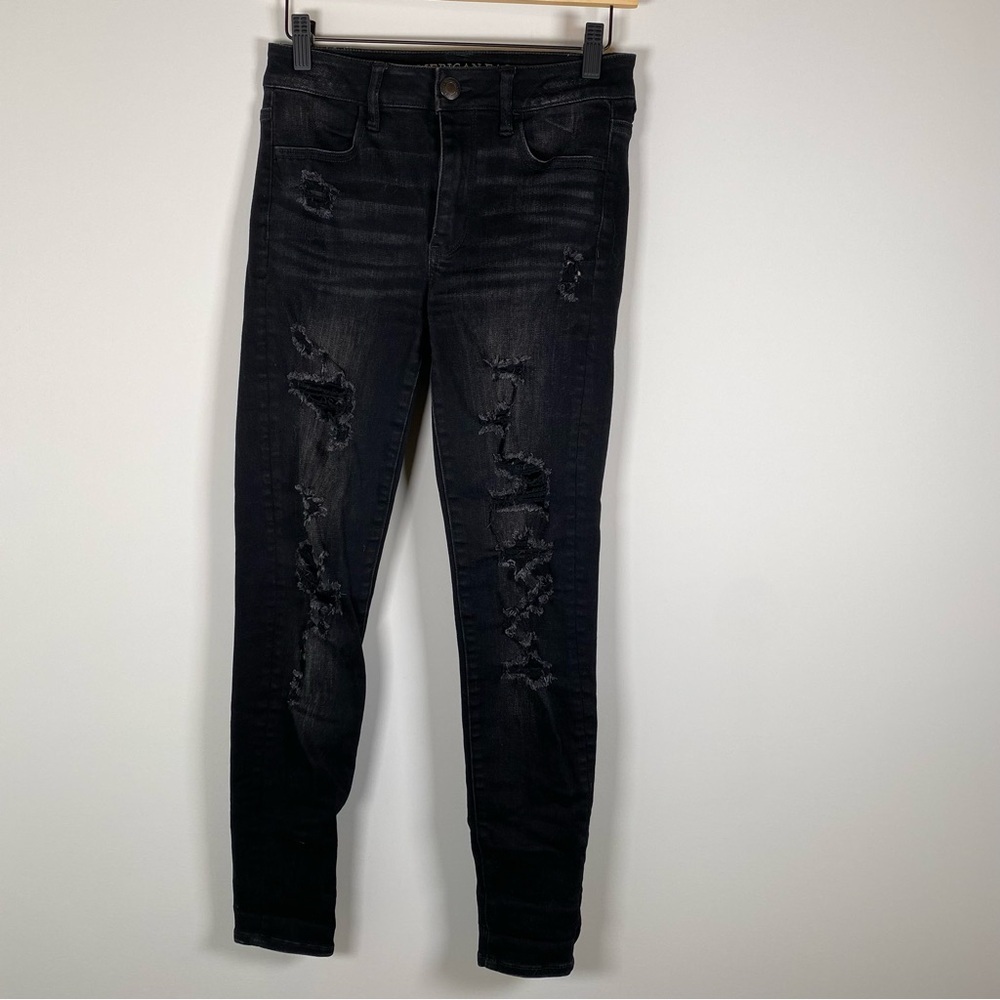 American Eagle Super Super Stretch Distressed‎ Hi Rise Jegging Black Denim Jeans
